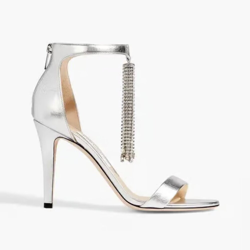 NWT Jimmy Choo Viola 100 Metallic Nappa Leather Crystal Chandelier Ankle Strap